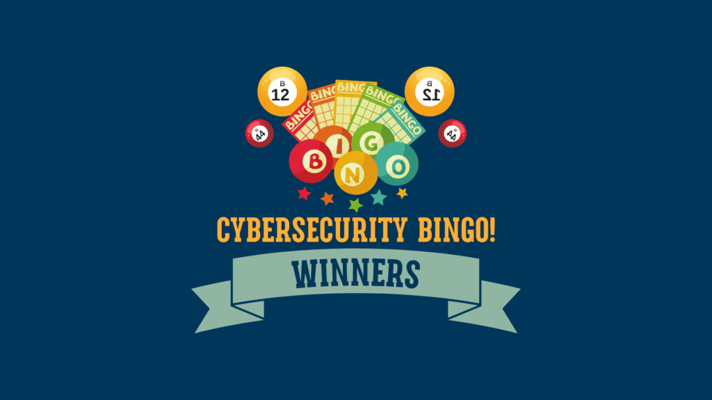 Colorful Bingo cards and balls with the text, "Cybersecurity Bingo Winners"