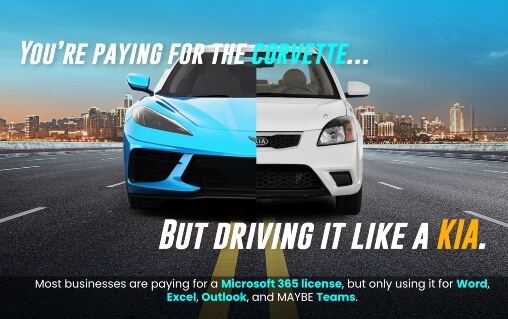 Front view of a car driving out of the city on a highway. The left half is a bright blue corvette, the right half is a white kia. The text reads, "You're paying for the corvette...but driving it like a Kia."