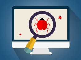 Cartoon computer monitors with a magnifying glass enlarging a red bug