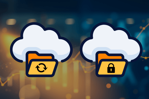 Two clouds with folders set against a digital background. One folder shows a sync symbol, representing cloud storage, while the other shows a lock, representing cloud backups.