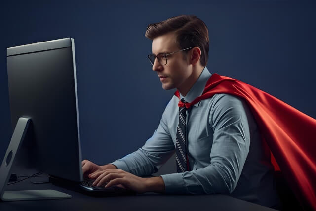 Man dressed in business attire and red cape as a "cybersecurity hero" working on a desktop computer.