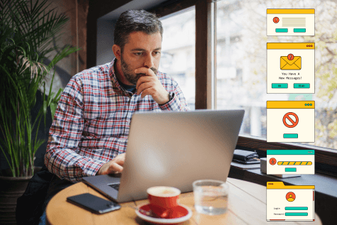 A business man studying the screen of his laptop. Along the right side of the image are a series of popup windows.