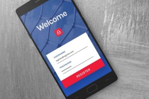 A smartphone with a registration form wanting a username and password
