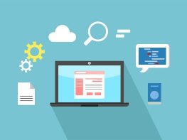 Illustration of a laptop computer surrounded by a document, cogs, a cloud, magnifying glass, chat box, and speaker.