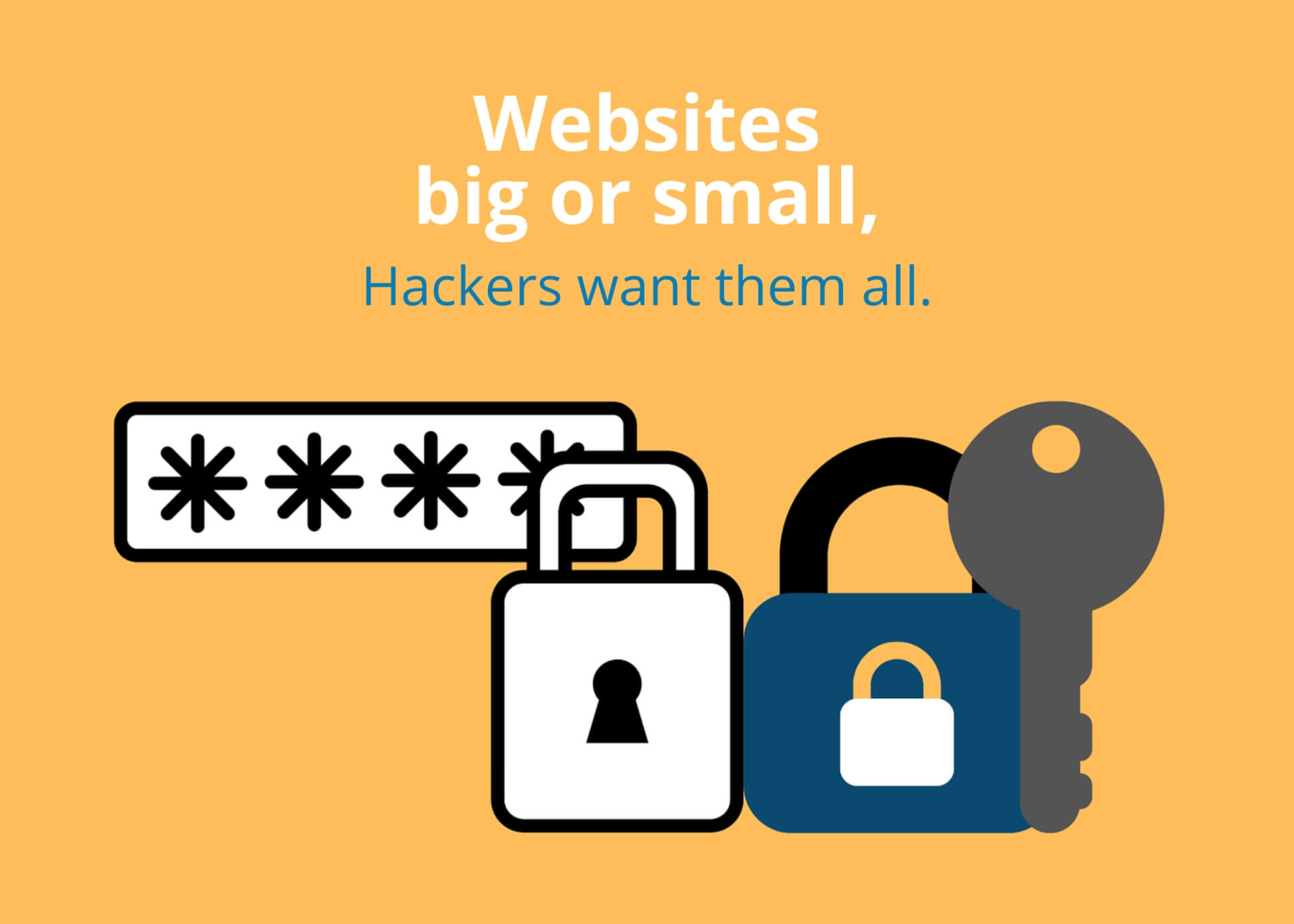 A cartoon lock, key, and password field. Text reads, "Websites big or small, hackers want them all."