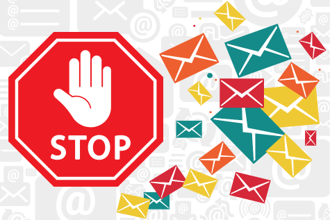 A large quantity of colorful envelops swooping toward a "Stop" sign